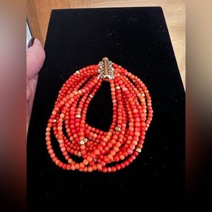 12 Strand Coral Round Bead Bracelet with Gold Filled Faceted Bead Slide Closure